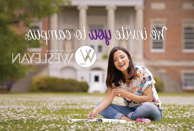 Student sits in lawn with text that says Welcome to Wesleyan.